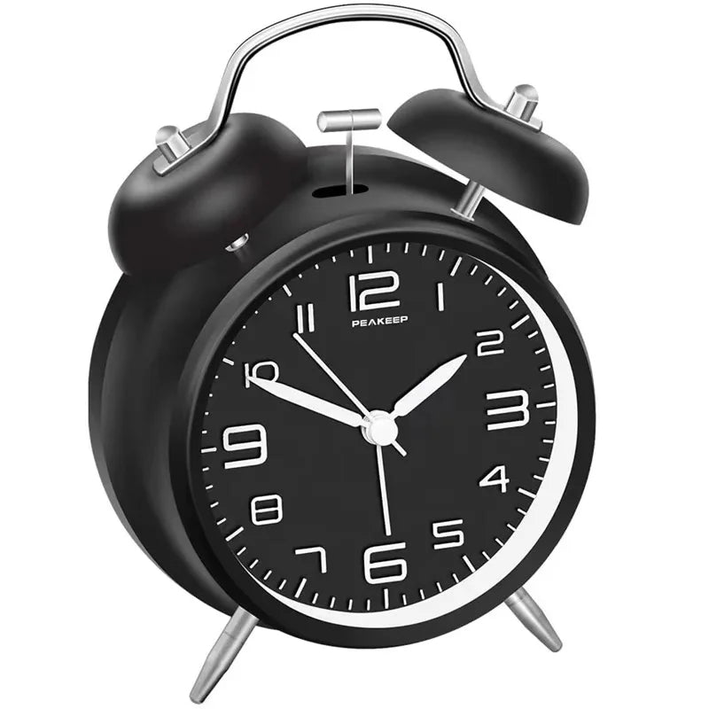 4 Inch Twin Bell Loud Alarm Clock Metal Frame 3D Dial with Backlight Battery Operate Desk Table Alarm Clock For Home and Office Peaceful Pleasures Health and Wellness black