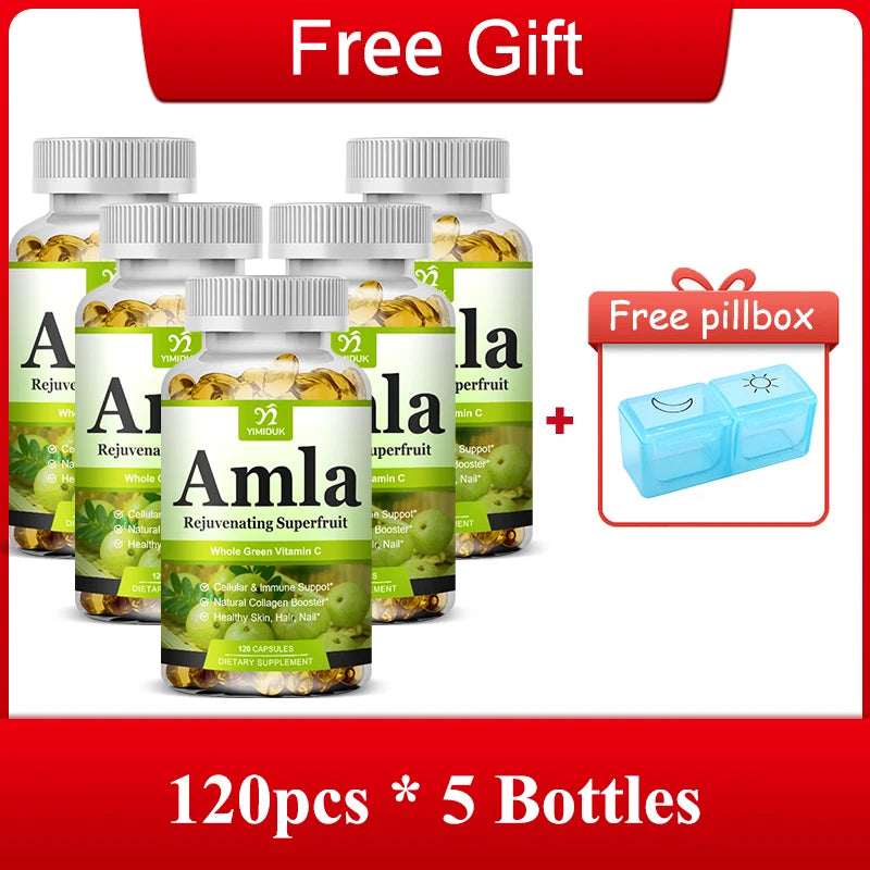 Organic Amla Capsules, Support Collagen, Fights Free Radicals & Daily Wellness, Antioxidant Power for Immunity & Skin Health Peaceful Pleasures Health and Wellness 120pcs-5 Bottles