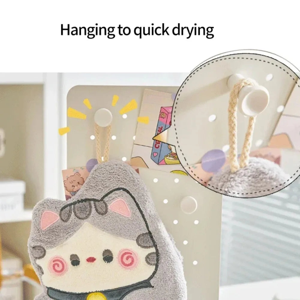 Cute Cat Hand Towel Quick Drying Kitchen Cleaning Rag Coral Velvet Cartoon Animal Absorbent Bathroom Hanging Towel Home Supplies Peaceful Pleasures Health and Wellness