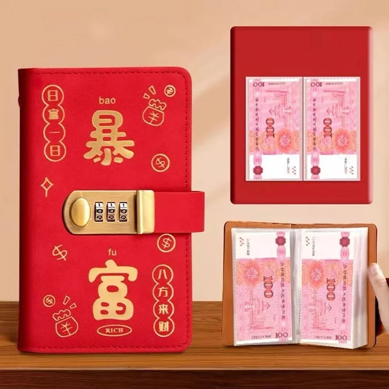 New Password Cash Storage Book Large Capacity 10000 Yuan Money Organizer New Style Bill Record Keeper Saving Folder Savings Book Peaceful Pleasures Health and Wellness Red