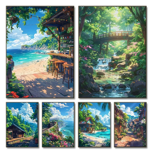 Anime Summer Landscape Canvas Wall Art | Beach Forest Cabin Canvas Wall Art Peaceful Pleasures Health and Wellness