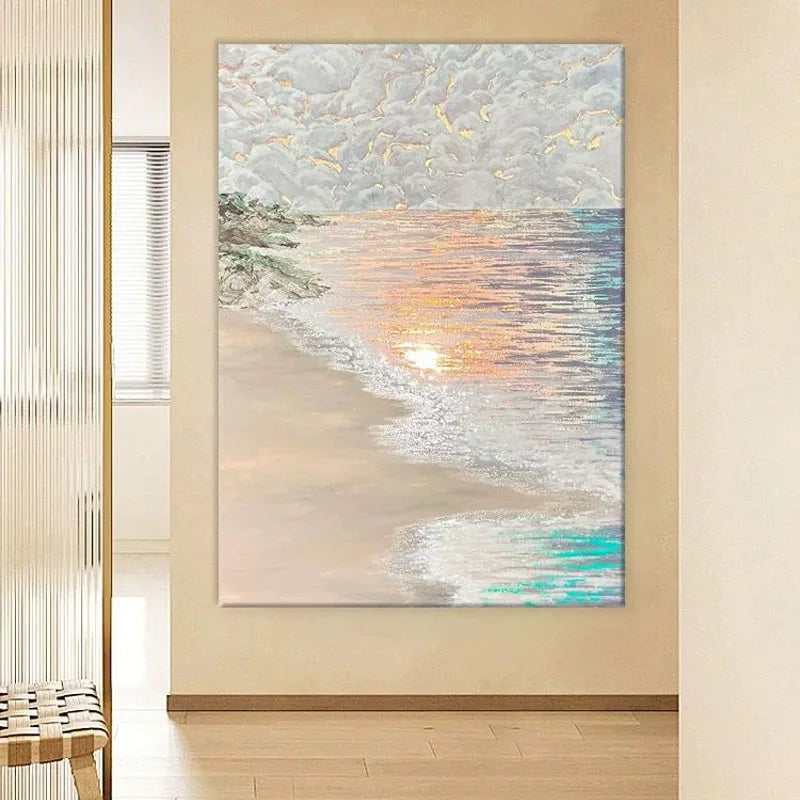 Abstract Hanging Painting of the Sea and Beach, Handmade Oil Painting, Living Home Decoration, Bedroom, Dining Room, Corridor Peaceful Pleasures Health and Wellness