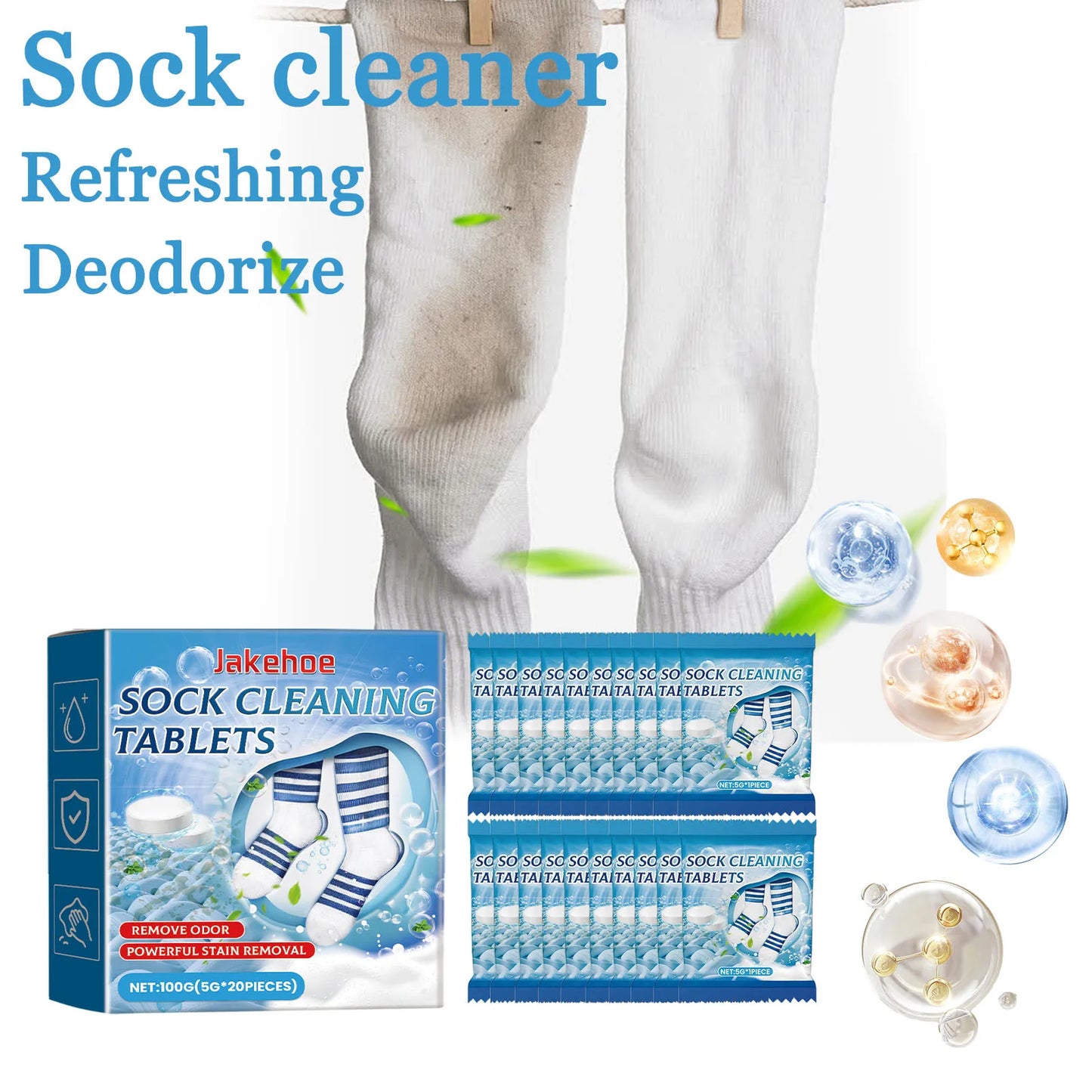 JAKEHOE 20-Pack Sock Cleaning Tablets – Stain & Odor Remover
