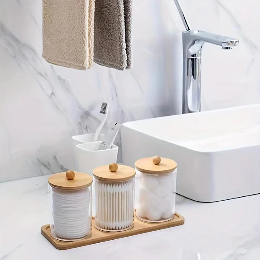 Clear Acrylic Bathroom Canister with Tray Plastic Apothecary Jars Storage box Bathroom Organizers for Qtip, Cotton Balls, Floss Peaceful Pleasures Health and Wellness