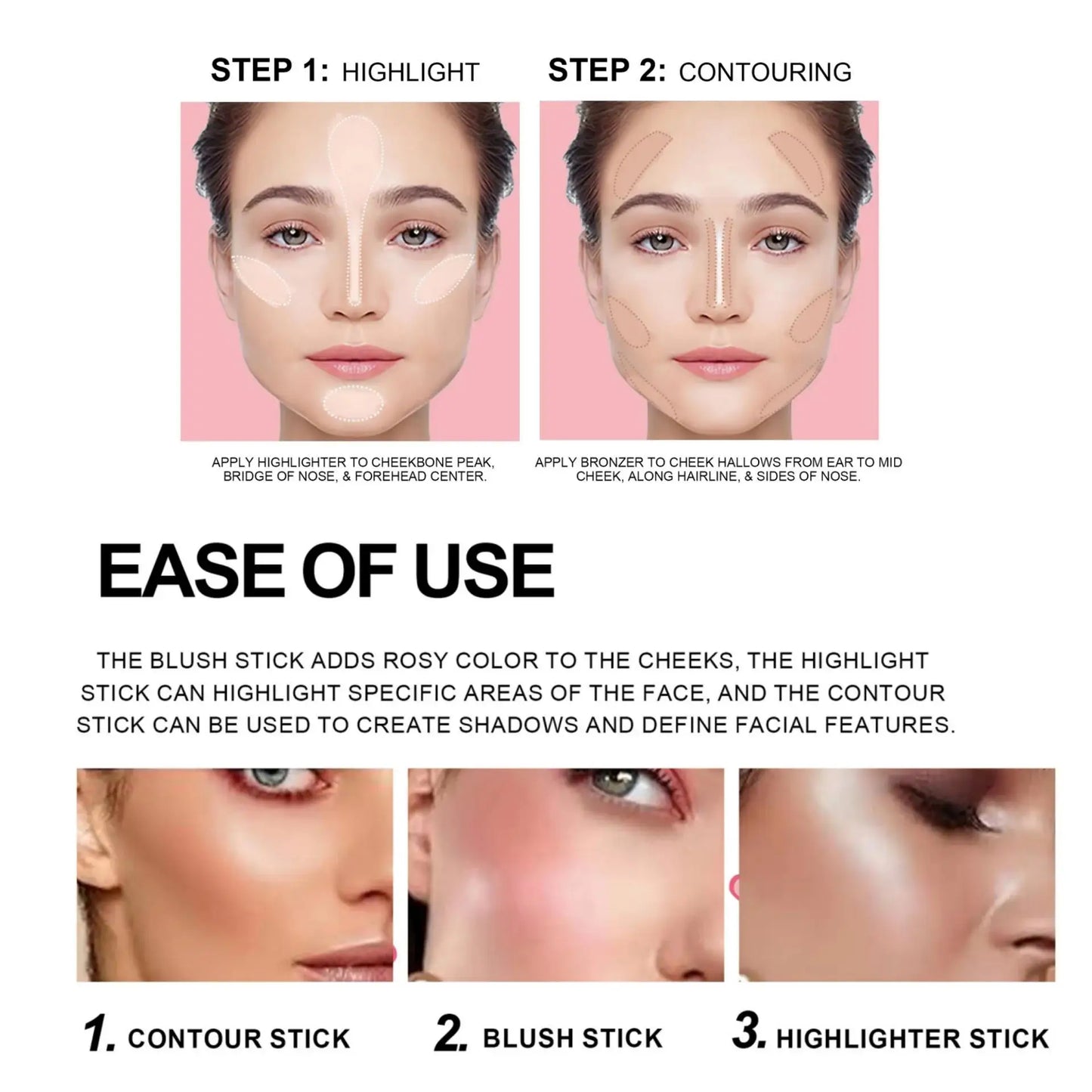 Handaiyan 3-in-1 Blush Highlighter Contour Stick – 8 Colors