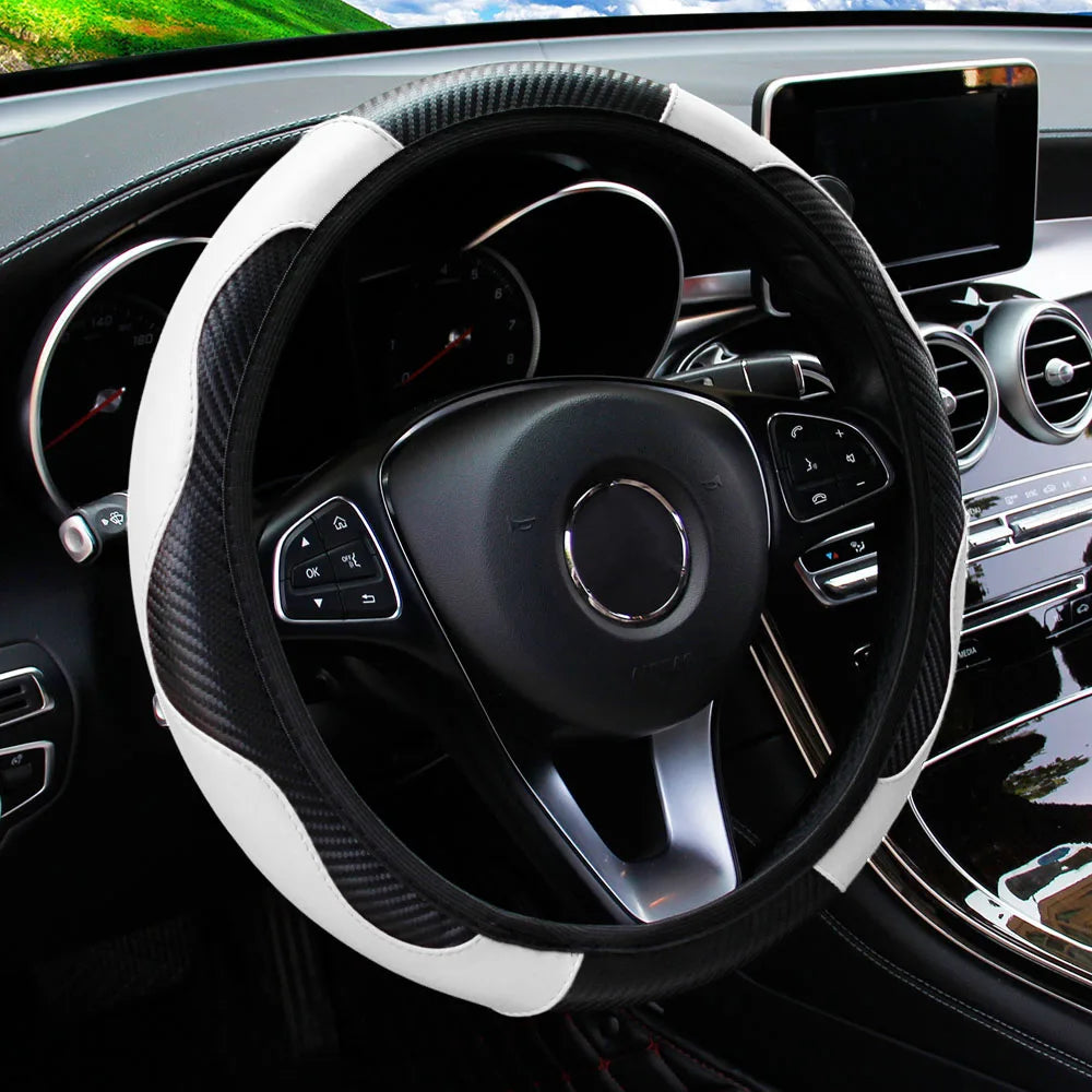 PU Leather Carbon Fiber Steering Wheel Cover 14.5–15 Inch