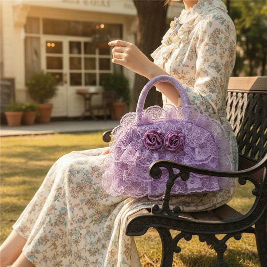Women Retro Style Handbag With Lace Ruffled Trim For Daily Travle Peaceful Pleasures Health and Wellness