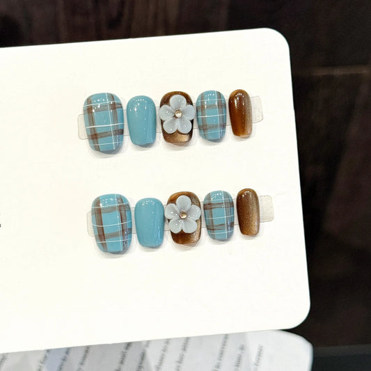 10pcs Velvet Cat's Eye Handmade Press on Nails 3D Flower Fake Nails With Green Brown Plaid Designs Wearable Ins False Nails Tips Peaceful Pleasures Health and Wellness S