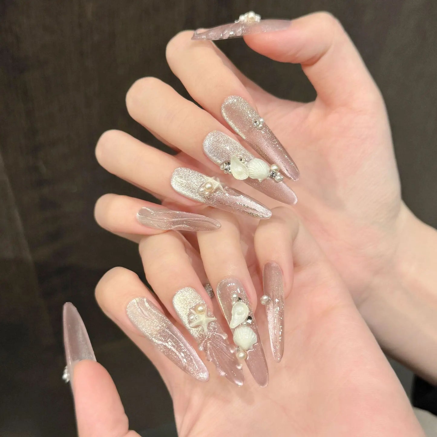 10pcs Handmade Long Oval Press on Nails Gradient Pink Cat Eye Fake Nails Wearable Detachable Ocean Shell Pearl Decor False Nails Peaceful Pleasures Health and Wellness