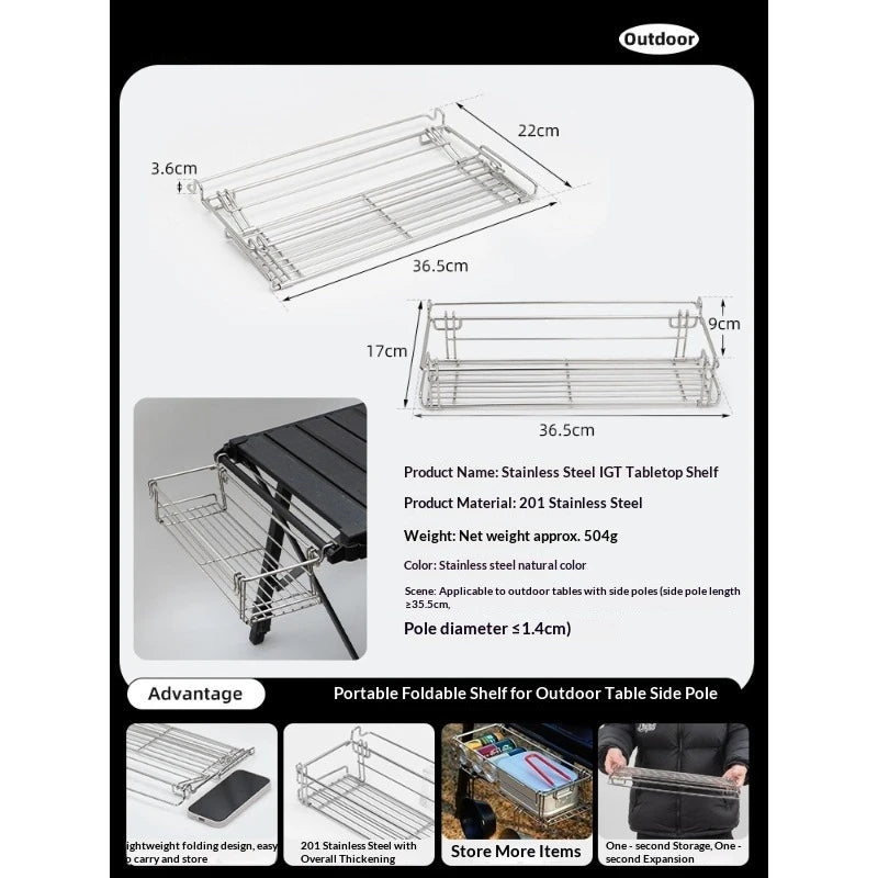 Aluminum Outdoor Table Side Storage Rack Hanging Mesh IGT Table Expansion Bracket Folding Table Extension Basket Folding Rack Peaceful Pleasures Health and Wellness Silver 1PC