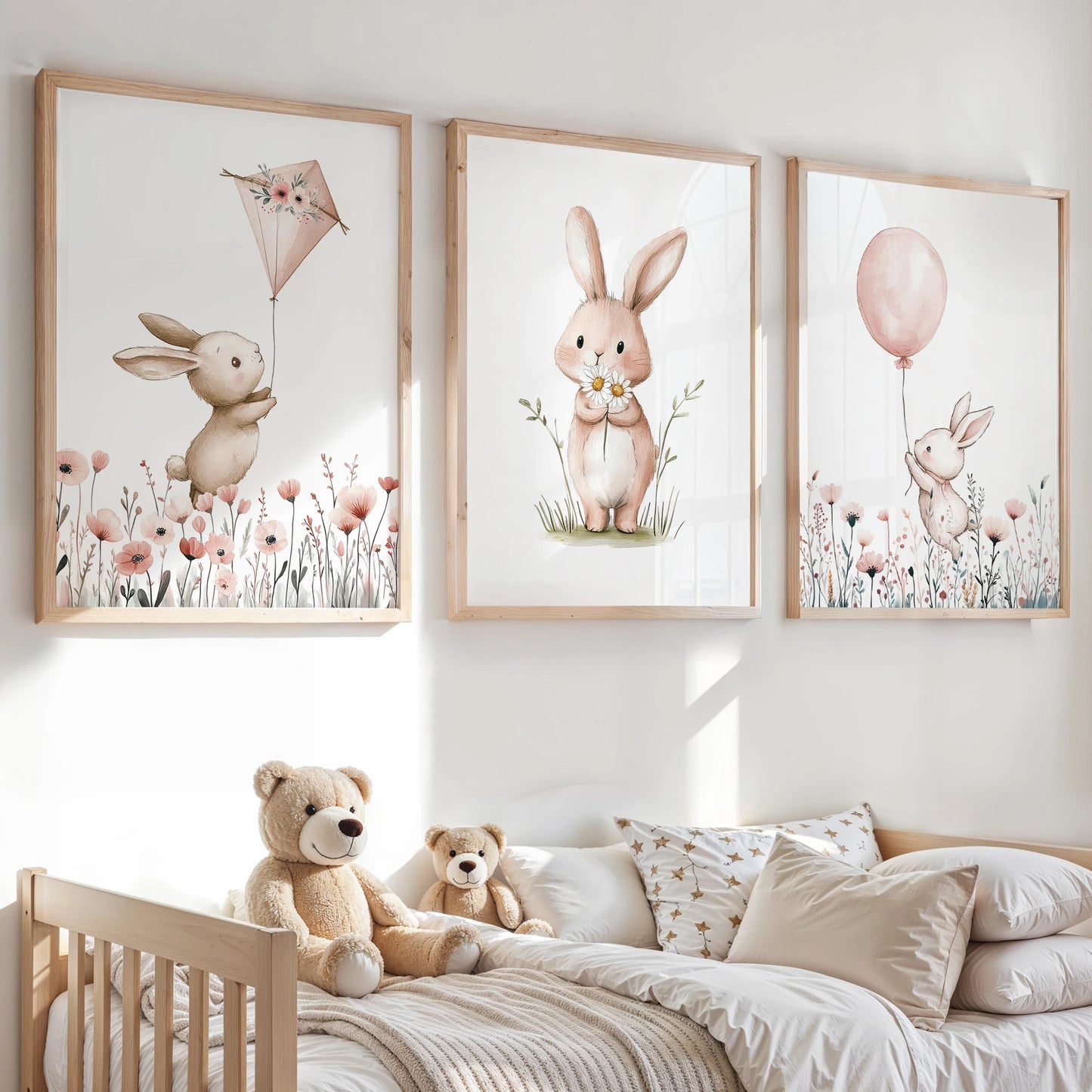 3-Piece Cartoon Rabbit Floral Canvas Wall Art Print | Home Decor