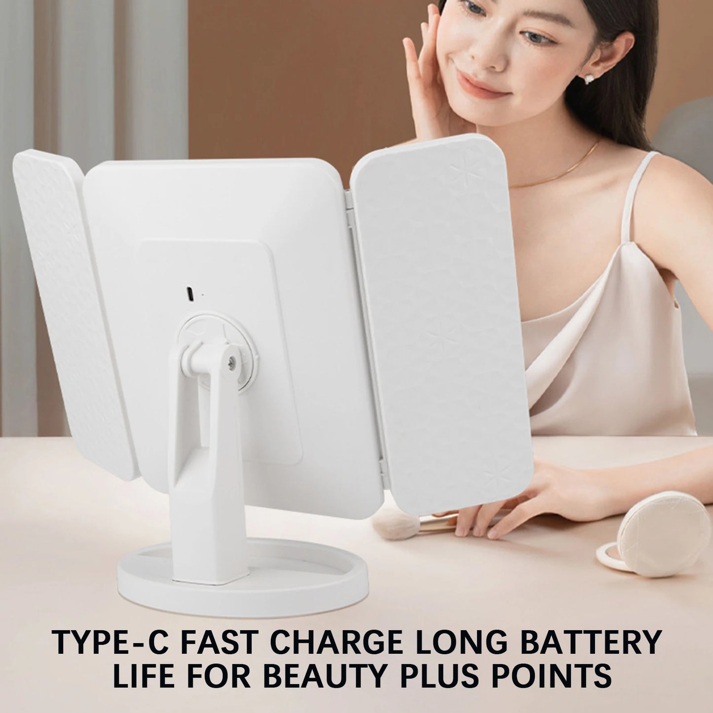 LED Tri-Fold Desktop Makeup Mirror | Touch Dimmer & 180° Stand
