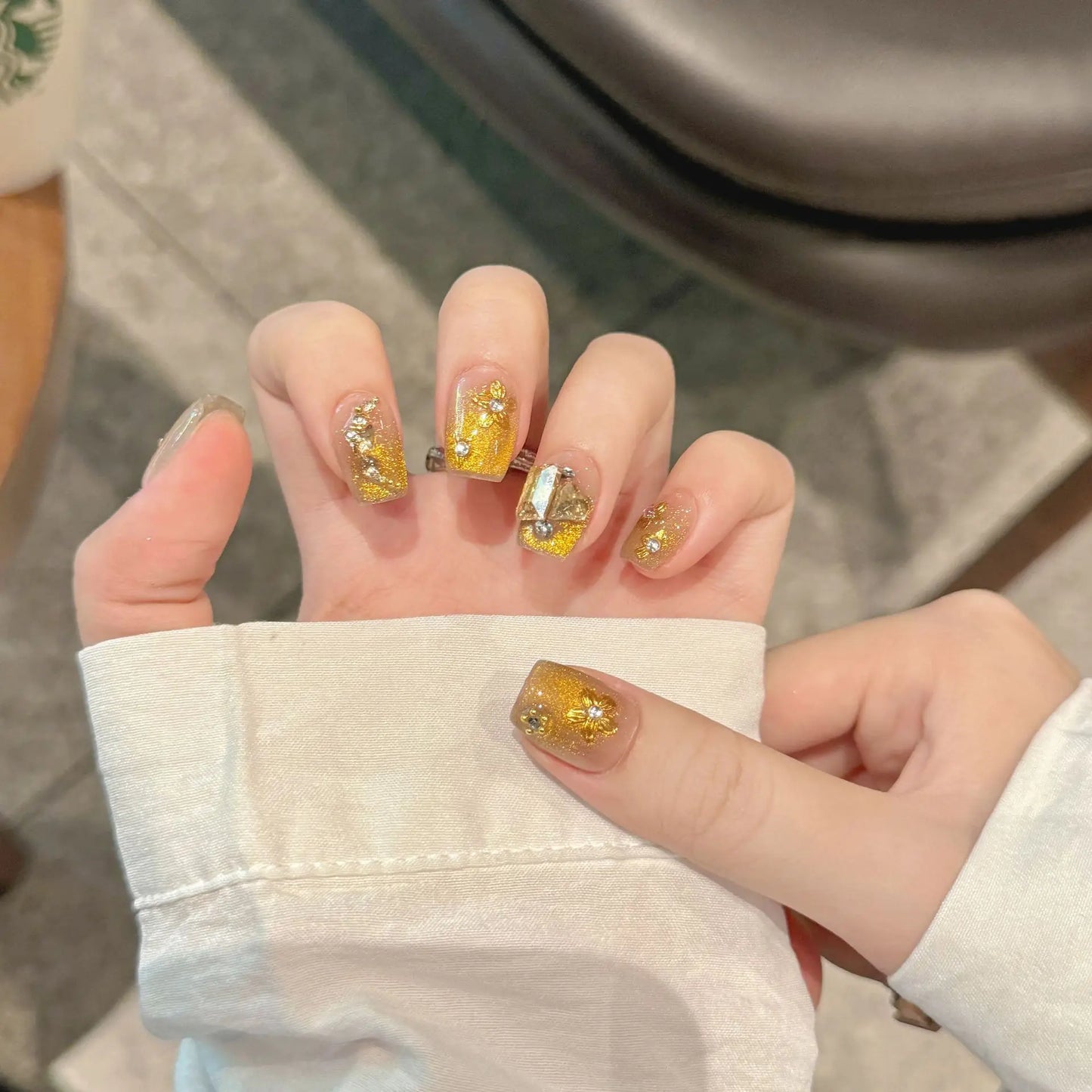 Gold French Cat Eye Press-On Nails – Crystal Flower Tips