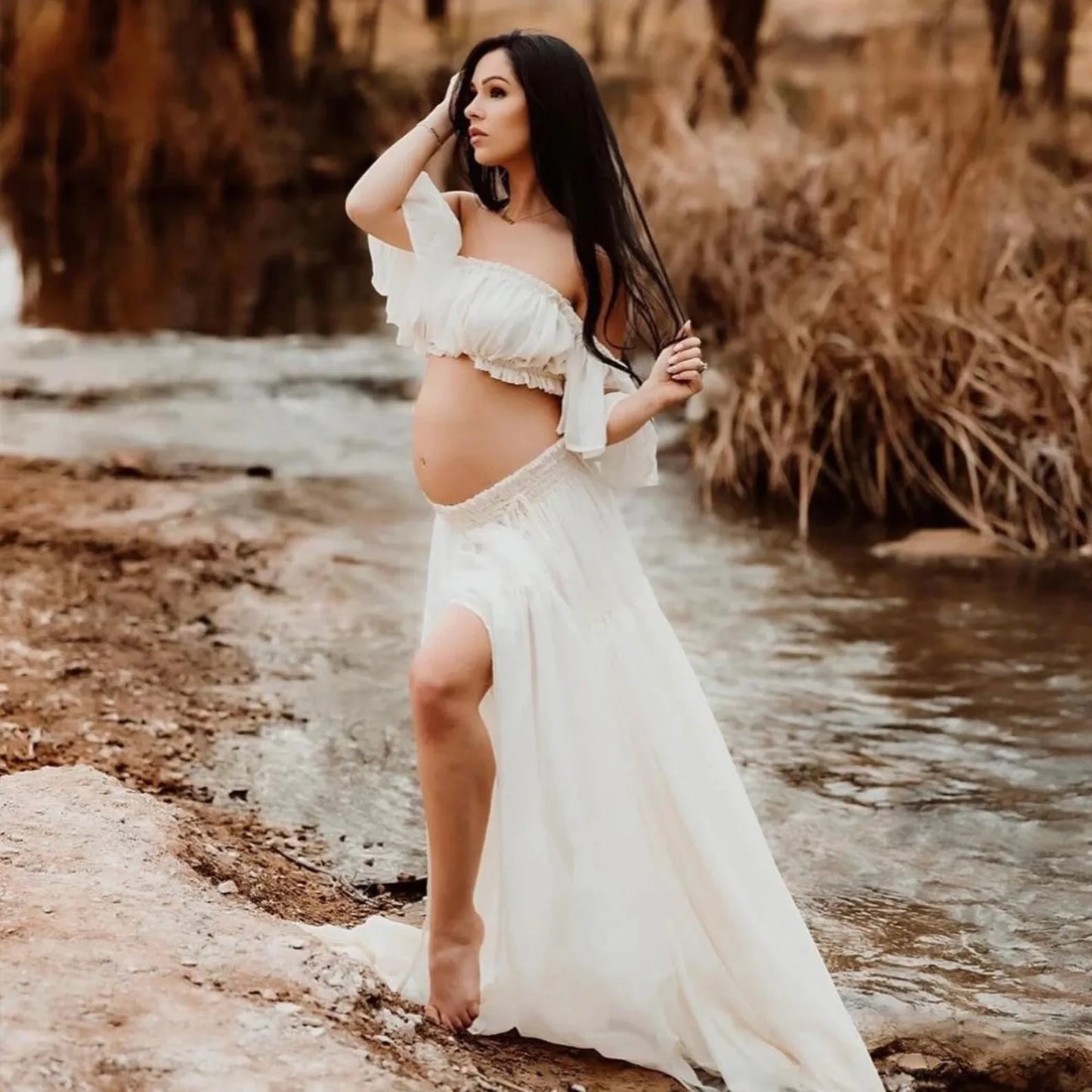 Maternity Photoshoot Dress 2 Piece Set - Off The Shoulder Chiffon Gown with High Slit, Elastic Strapless Nursing Top,Baby Shower Peaceful Pleasures Health and Wellness M white