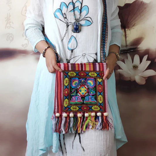 Ethnic Embroidered Linen Crossbody Bag | Tassel Bead Shoulder Embroidered Crossbody Bag Oasis Select