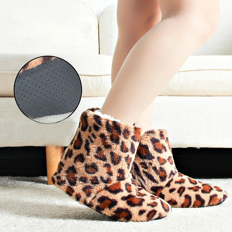 Women's Thermal Leopard Slipper Socks | Anti-Slip Winter Home Shoes