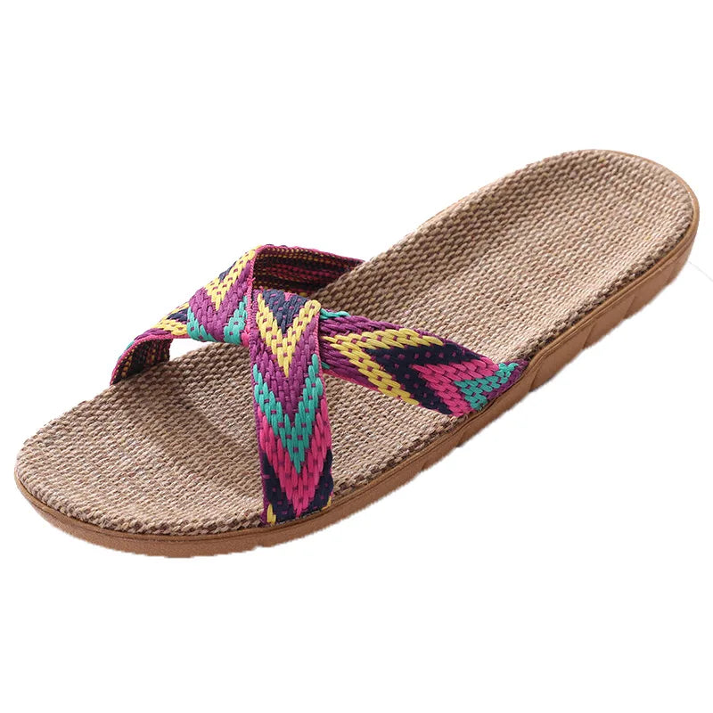Women's Crossed Linen Flat Slippers – Indoor Beach Sandals