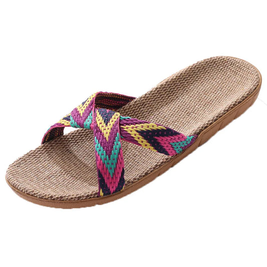 Women's Crossed Linen Flat Slippers – Indoor Beach Sandals Women's Flat Slippers Peaceful Pleasures Health and Wellness