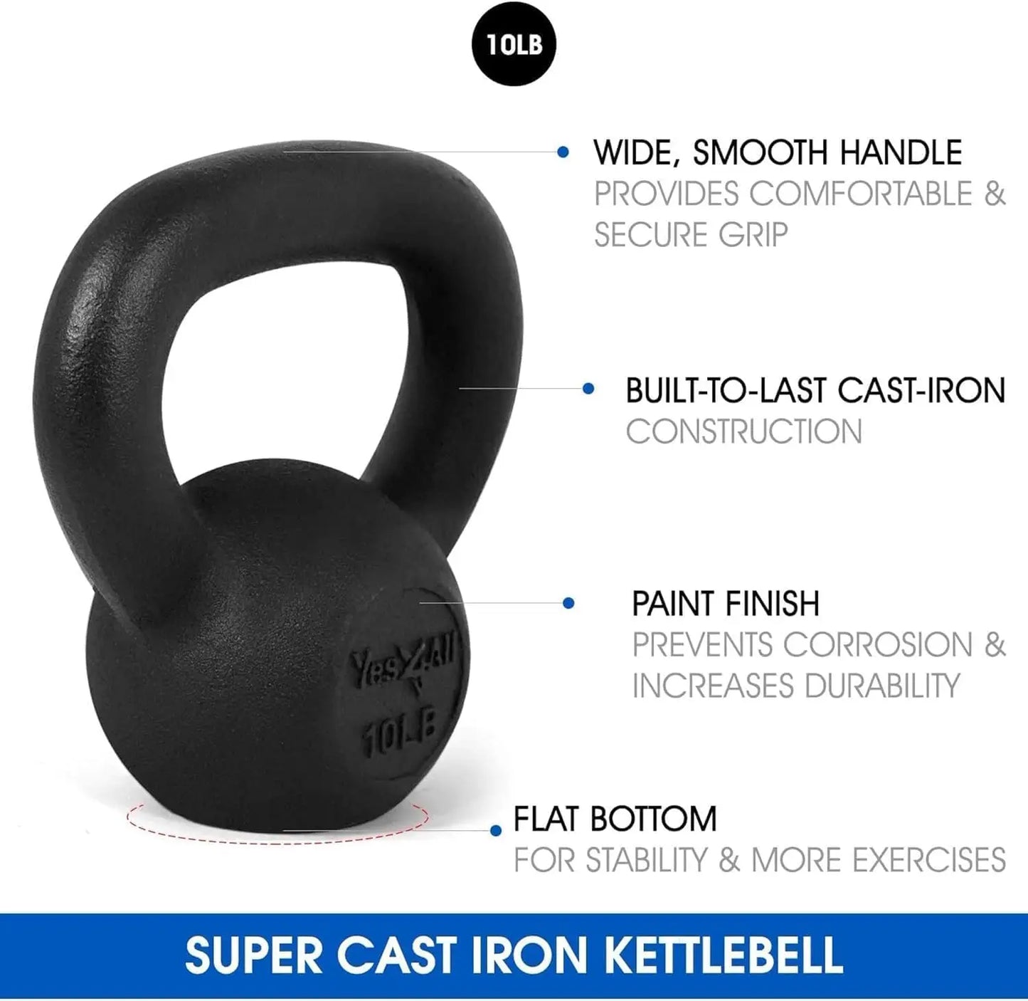 Black kettlebell with features listed on a white background