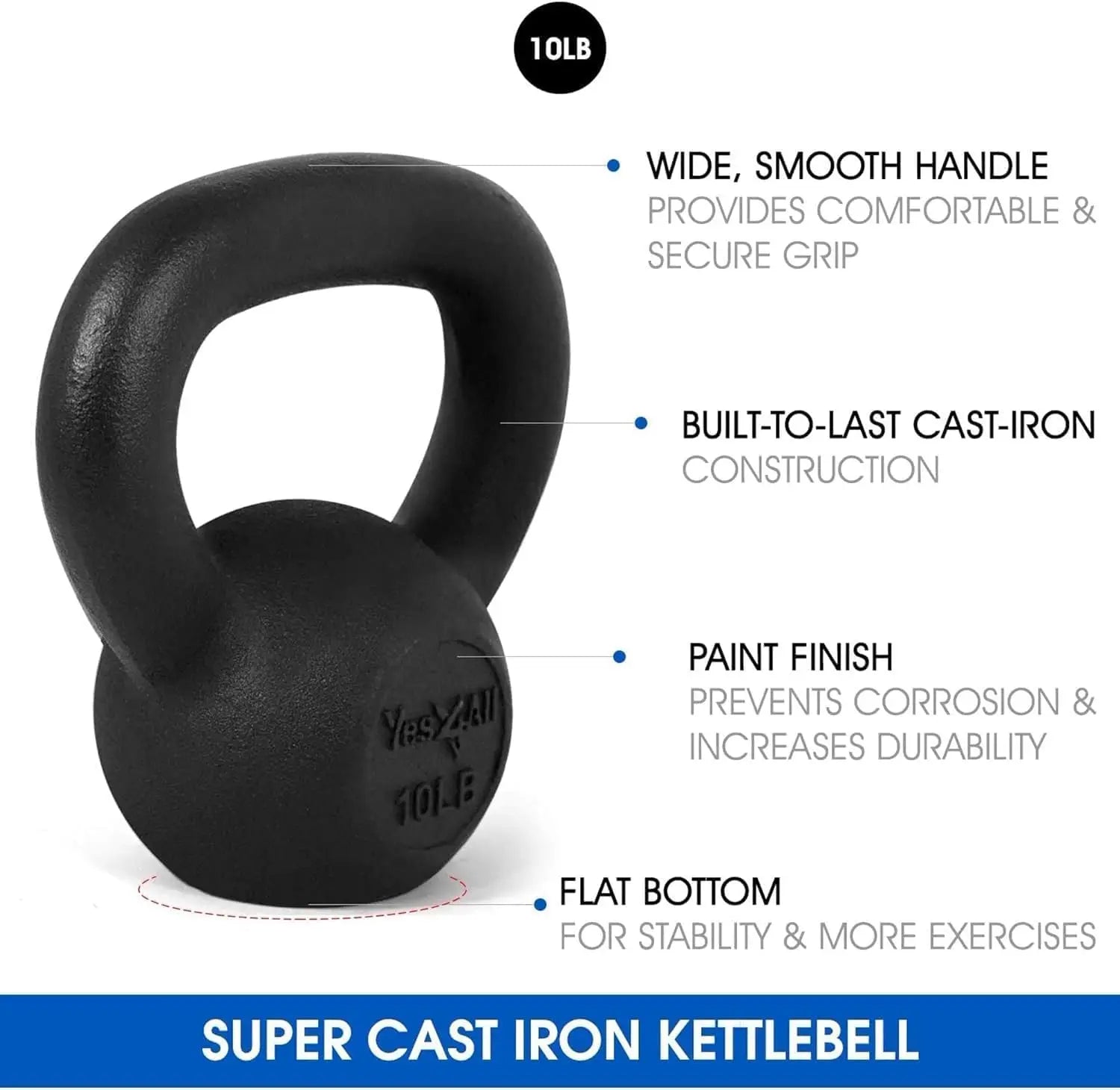 Black kettlebell with features listed on a white background