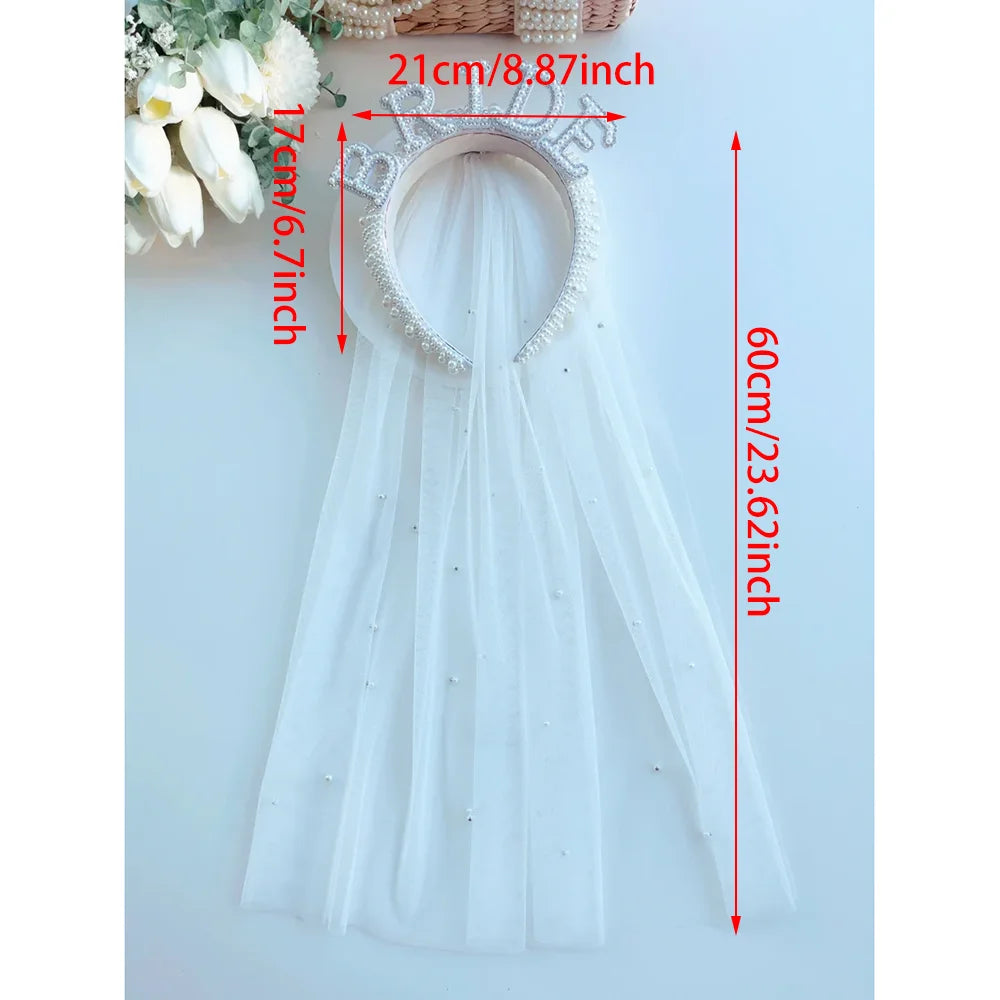 Bride Pearl Headband & Veil Set | Bridal Bachelorette Gift Bridal Hair Accessory Peaceful Pleasures Health and Wellness
