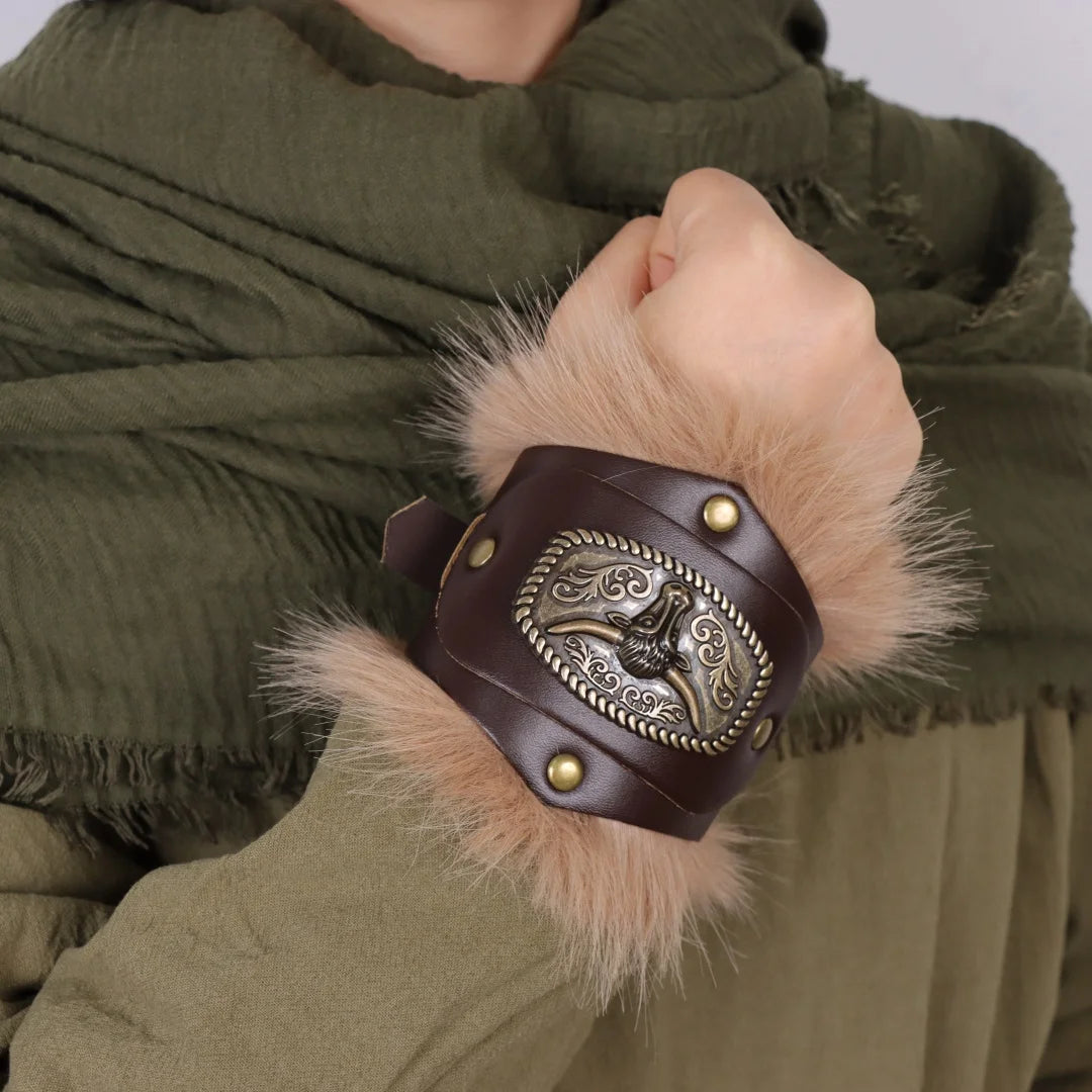 Medieval Knight Bracers Faux Leather Wristwear Furry Trim Retro