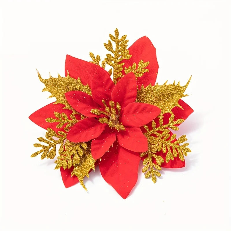 10pcs Christmas Gold Powder Christmas Flower Simulation Flower Christmas Decoration Flower Christmas Tree Decoration Peaceful Pleasures Health and Wellness