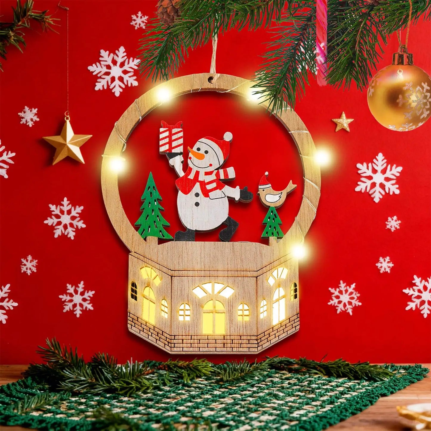 LED Light-Up Wooden Christmas Ornament | Holiday Tabletop Decor