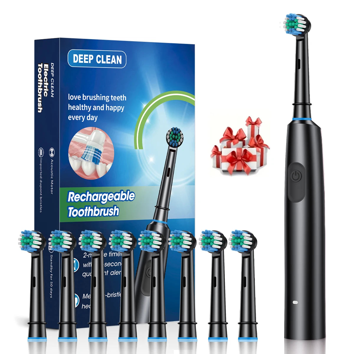 Electric Toothbrush Rotary Rechargeable Electric Toothbrush for Adults Rotating Electric Toothbrushes with 8 Soft Brush Heads Peaceful Pleasures Health and Wellness Black 8 Heads