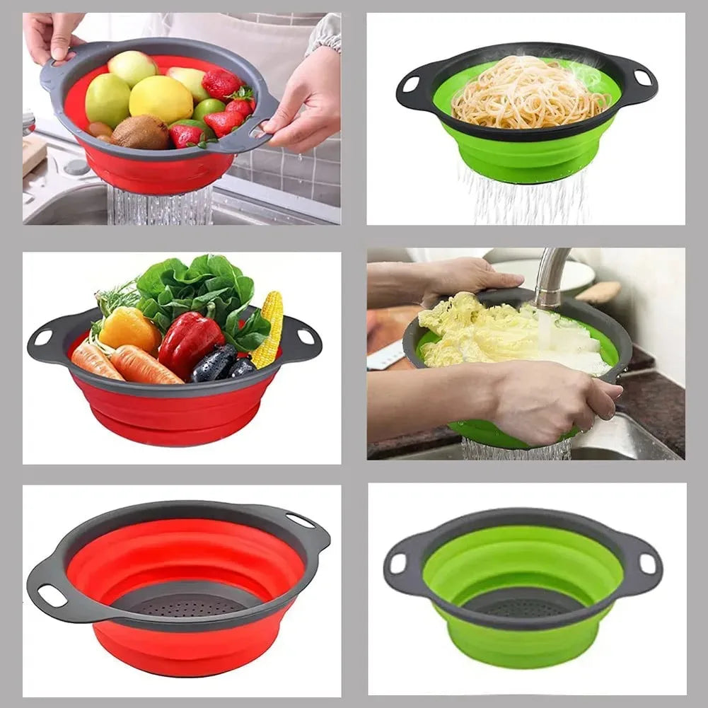 Folding Drain Basket Vegetable Fruit Cleaning and Drainage Basket Cleaning Basket Folding Silicone Water Filter Net Kitchen Tool Peaceful Pleasures Health and Wellness