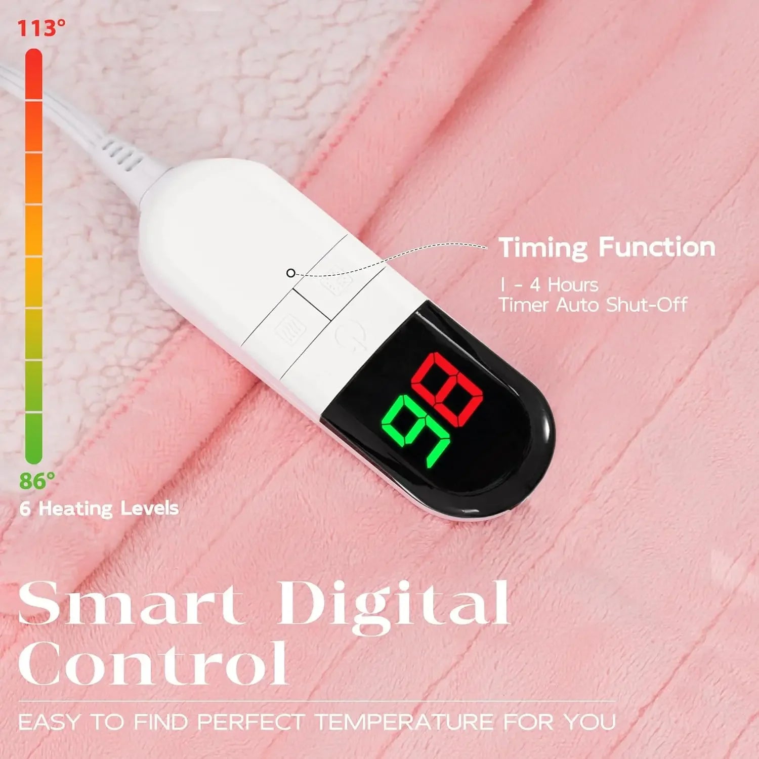 Twin Size Electric Blanket with 6 Heat Settings, Fast Heating, Auto Shut Off, Machine Washable in Pink Peaceful Pleasures Health and Wellness