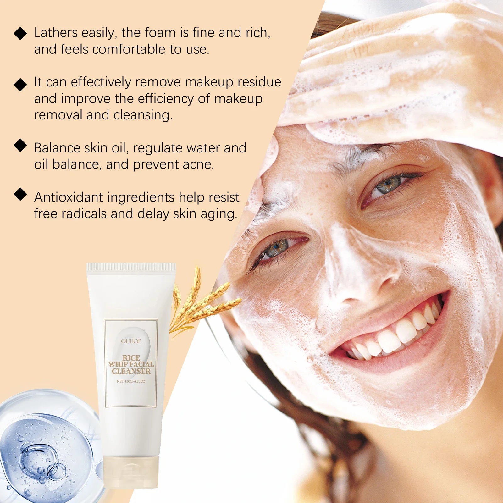 Rice Face Wash – Oil Control, Pore Cleansing & Brightening Facial Foam Cleanser Oasis Select
