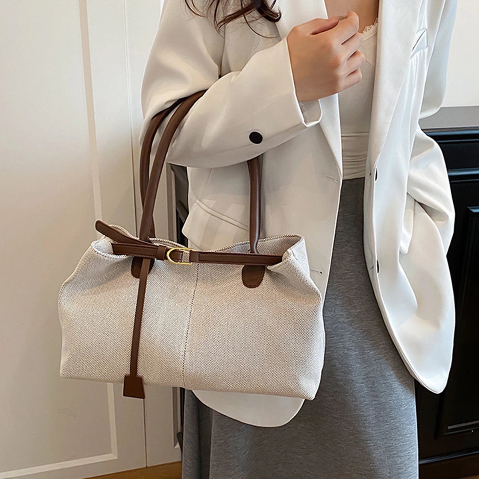 Women's Retro Tote Bag Large Capacity Shoulder Bag Korean Style Durable Polyester Fabric Peaceful Pleasures Health and Wellness