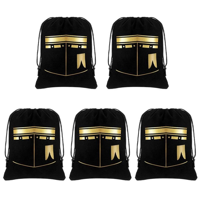 5-Pack Eid Mubarak Black Velvet Drawstring Gift Bags | Ramadan