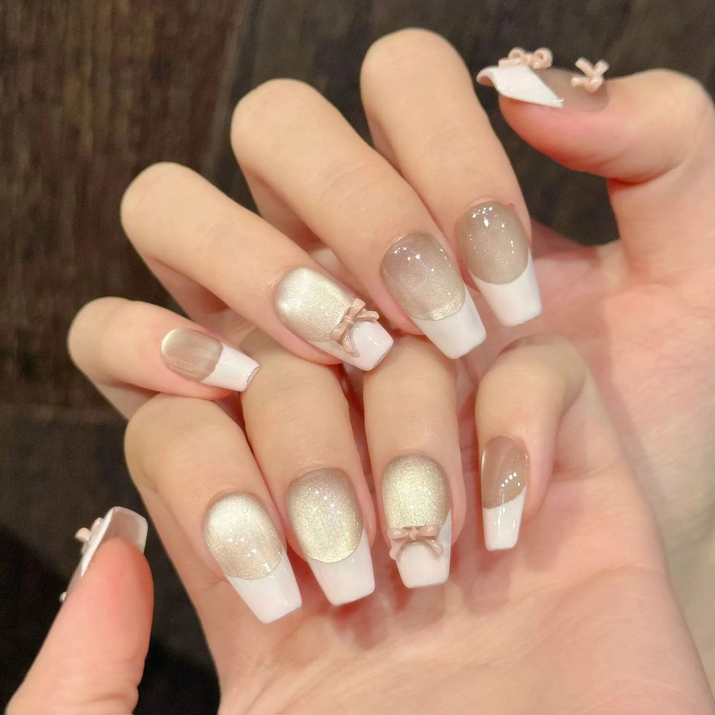 Pink Cat's Eye French Press-On Nails | Bow Almond Ballet 10pcs
