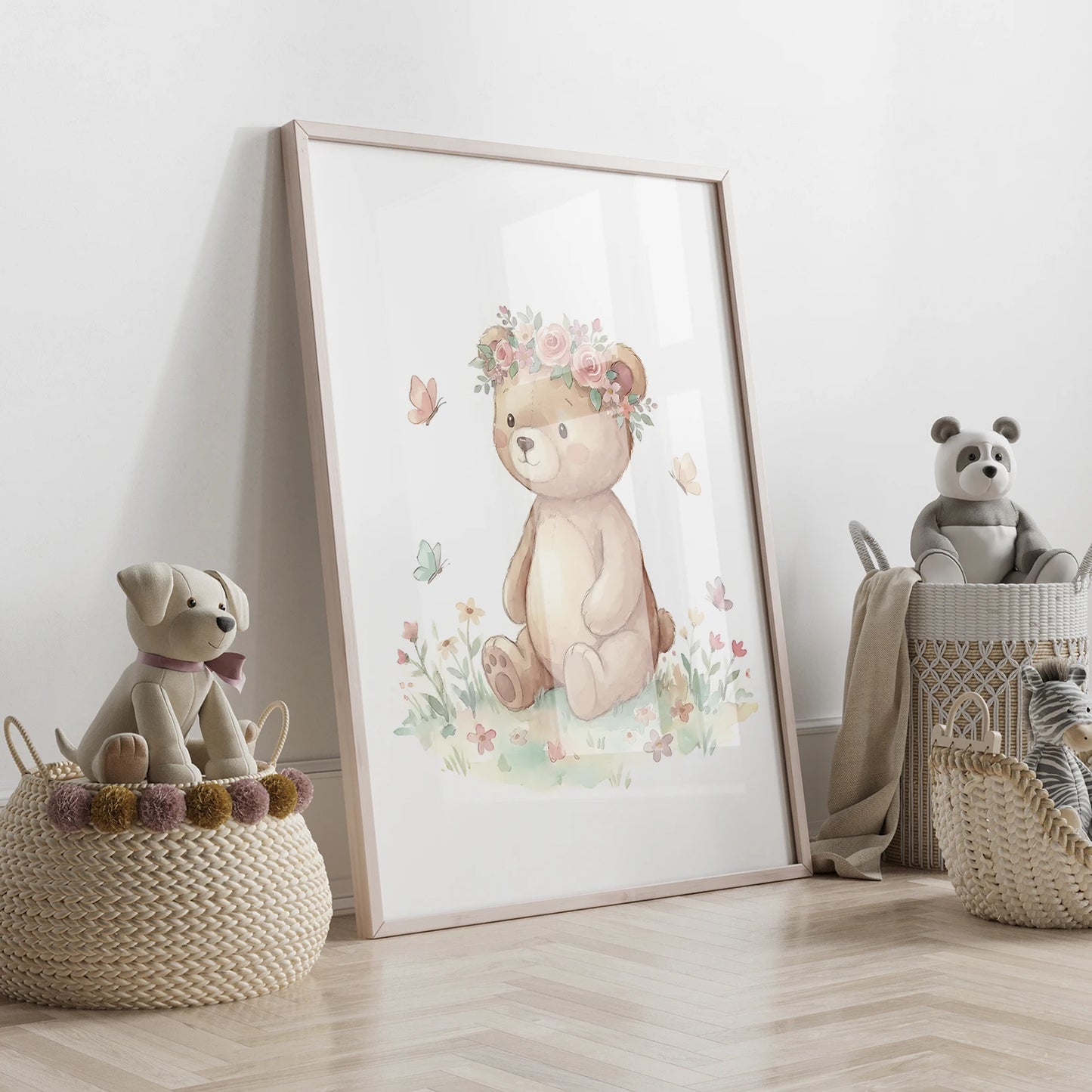 Personalized Bear Flowers 3-Piece Canvas Wall Art | Kids Room Decor