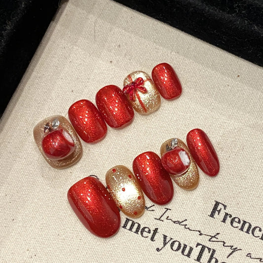 Christmas Press-On Nails Red Apple Cat Eye Design | 10pcs Press-On Nail Set Peaceful Pleasures Health and Wellness