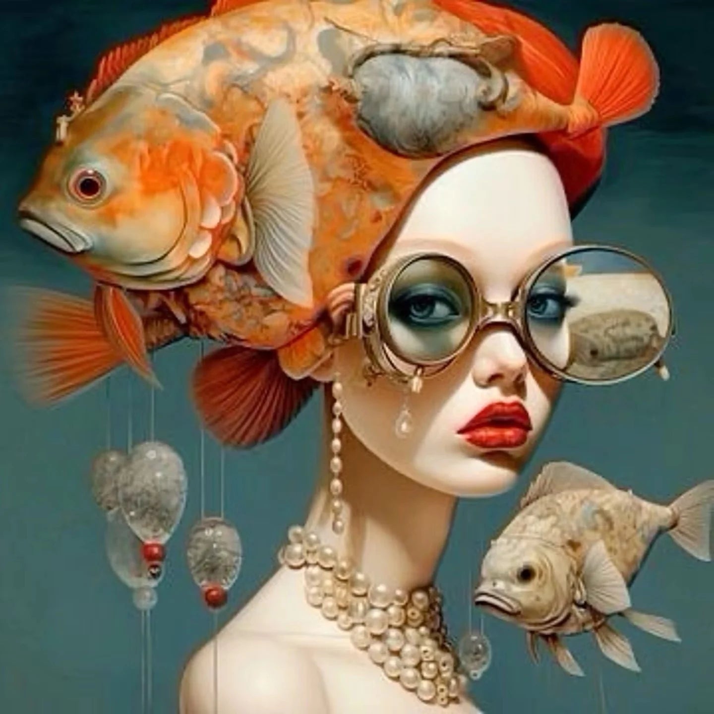 Surrealism Woman & Fish Canvas Wall Art | Fantasy Portrait Print