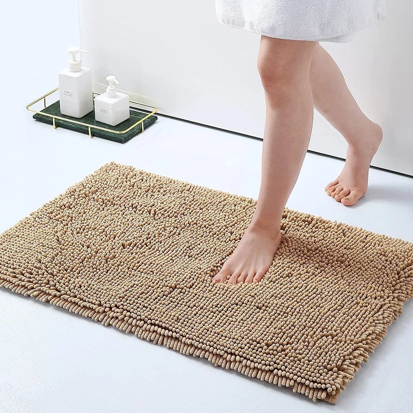 Chenille Soft Plush Bath Mat Super Absorbent Washable Non Slip Bathroom Comfortable Carpet for Shower Toilet Doormat Floor Rugs Peaceful Pleasures Health and Wellness Khaki 40x60CM and 50x80CM