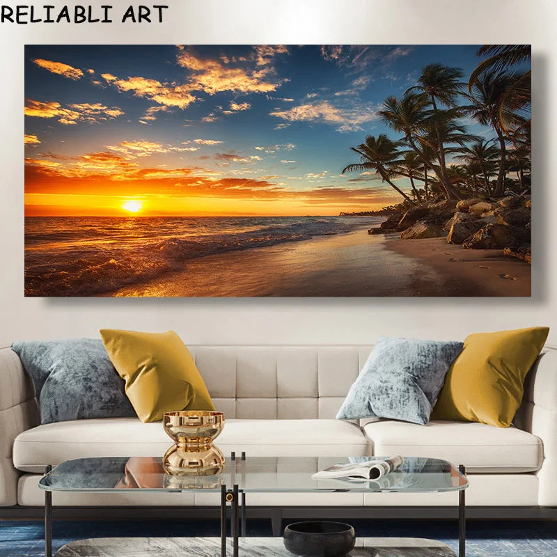 Modern Large Size Landscape Poster Wall Art Canvas Painting Sunset Beach Picture For Living Room Bedroom Home Decor No Frame Peaceful Pleasures Health and Wellness