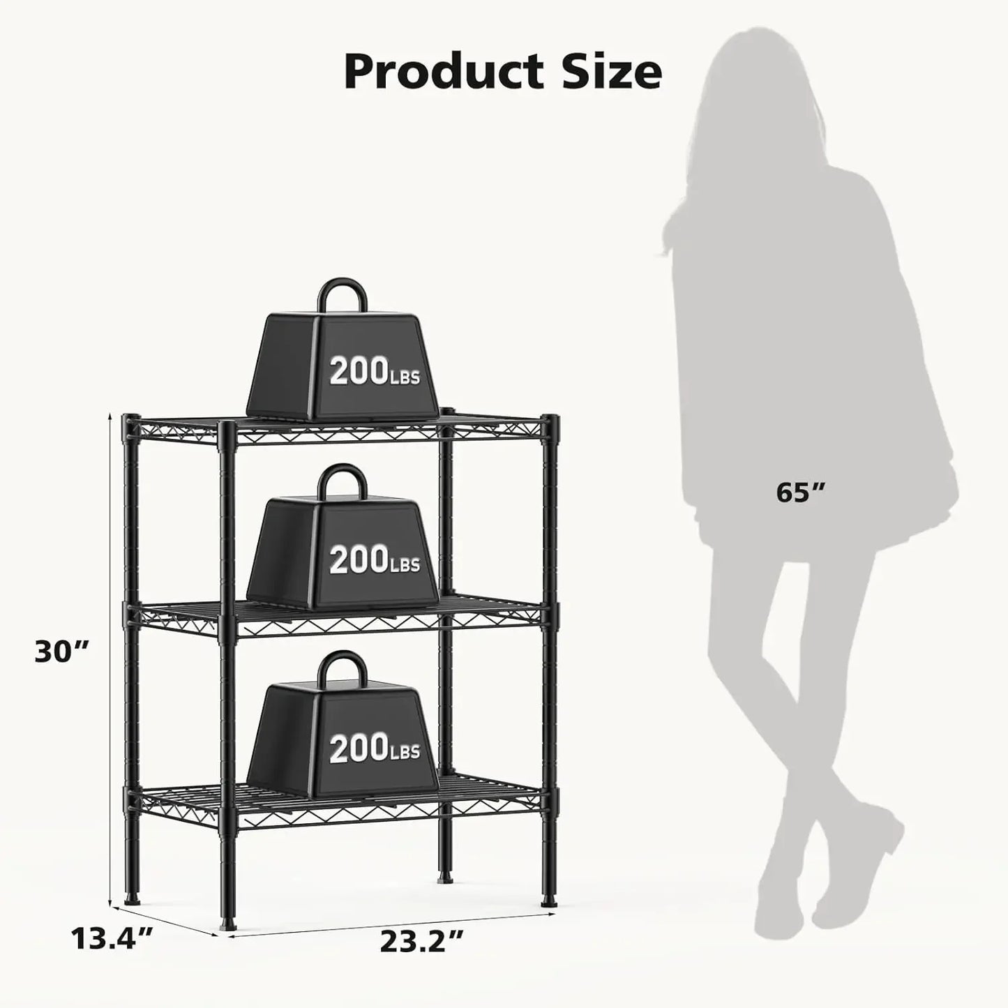 3-Tier Adjustable Metal Wire Storage Shelf, Heavy Duty Steel Rack for Kitchen Bathroom Garage, 23.3"W x 13.4"D x 30"H Black Peaceful Pleasures Health and Wellness