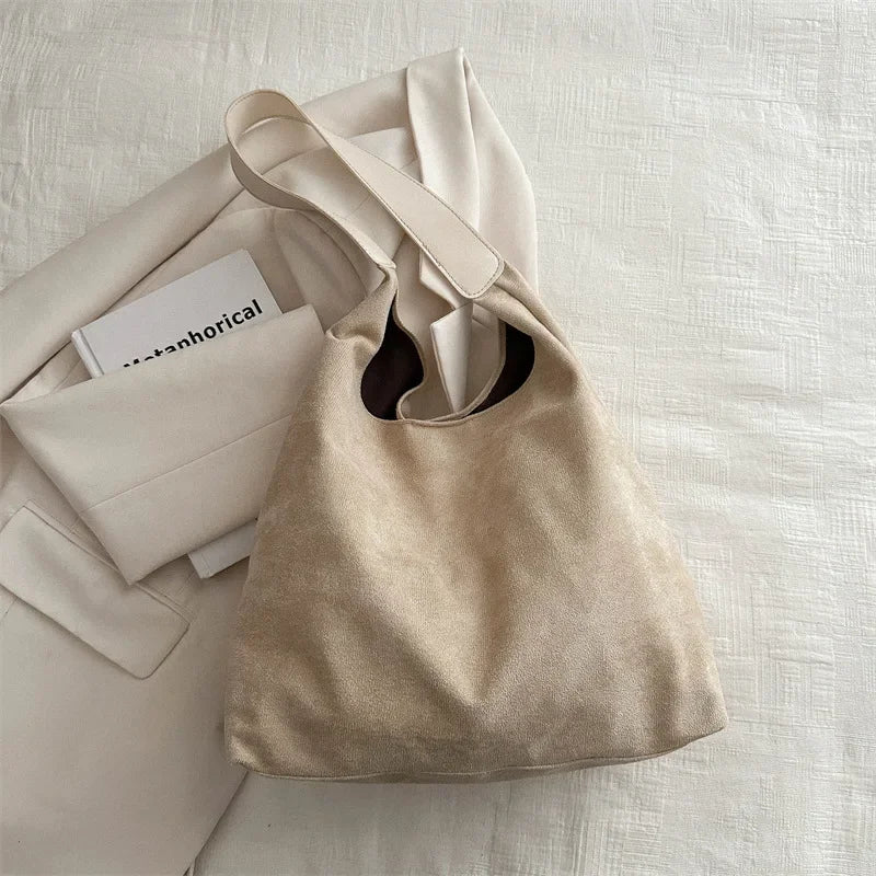 Large-capacity Retro Matte Handbag for Women New Autumn and Winter Suede Single-shoulder Bag New and High-end Commuter Tote Bag Peaceful Pleasures Health and Wellness Khaki