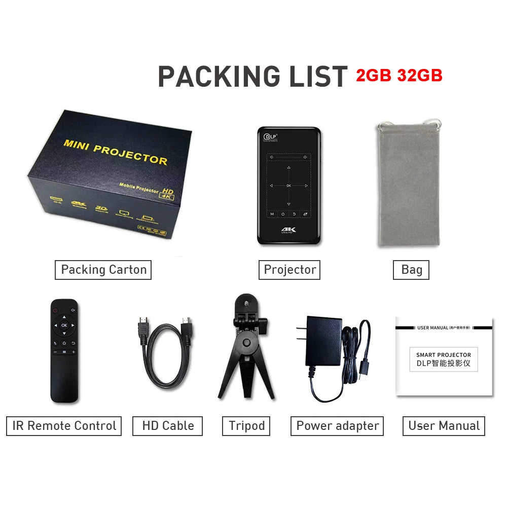 P09-II Portable DLP Mini Pocket Projector Android 9.0 2GB RAM 32GB ROM WIFI5 BT4.2 4K HD Beamer Home Cinema LED Video Projector Peaceful Pleasures Health and Wellness 2GB 32GB Black AU Plug China Mainland