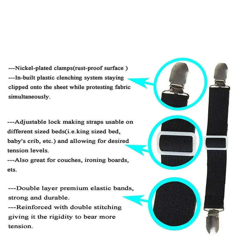 4pcs Adjustable Bed Sheet Fasteners Straps Elastic Mattress Cover Corner Holder Clip Grippers Suspender Cord Hook Loop Clasps Peaceful Pleasures Health and Wellness