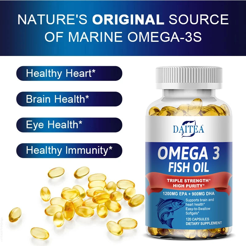 Daitea Triple Strength Omega 3 Fish Oil - Fish Oil Supplement with EPA & DHA Fatty Acids Premium Wild Caught, 30/60/120 Capsules Peaceful Pleasures Health and Wellness