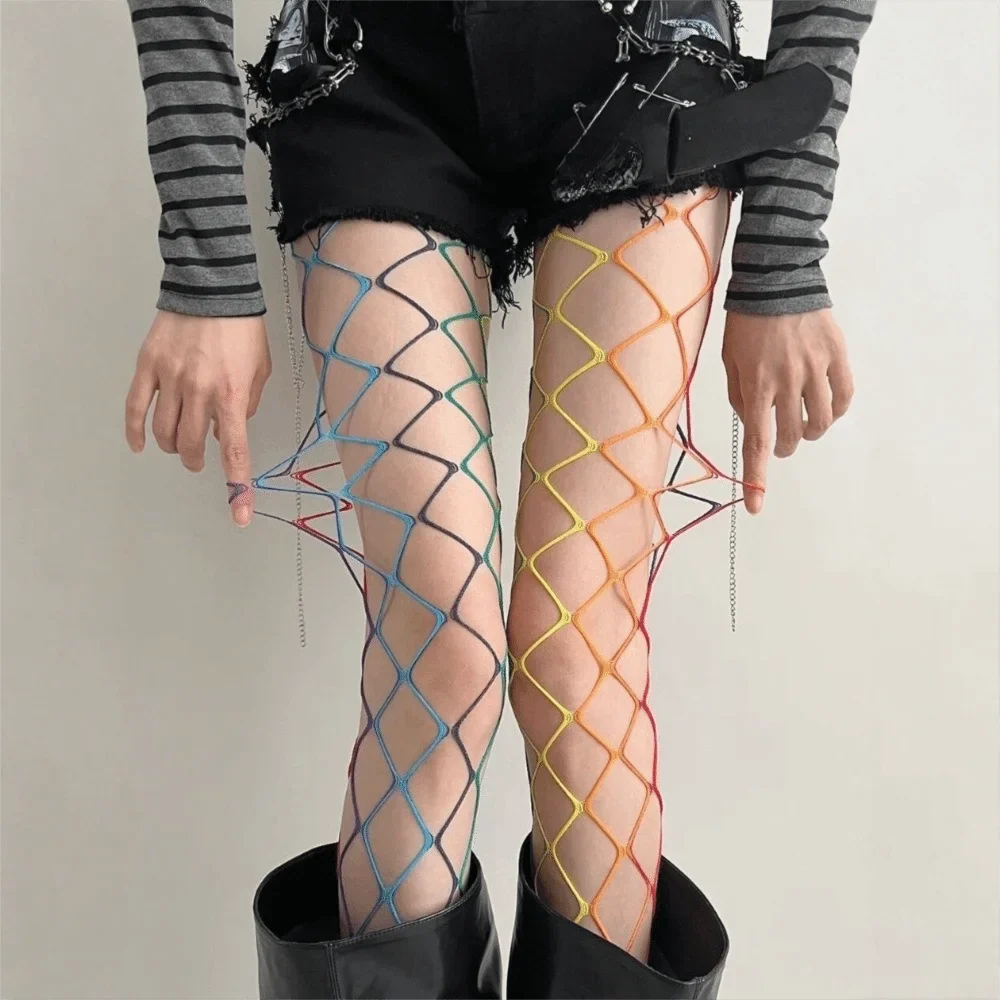 Y2K Rainbow Fishnet Stockings – Gradient Mesh High Waist Tights