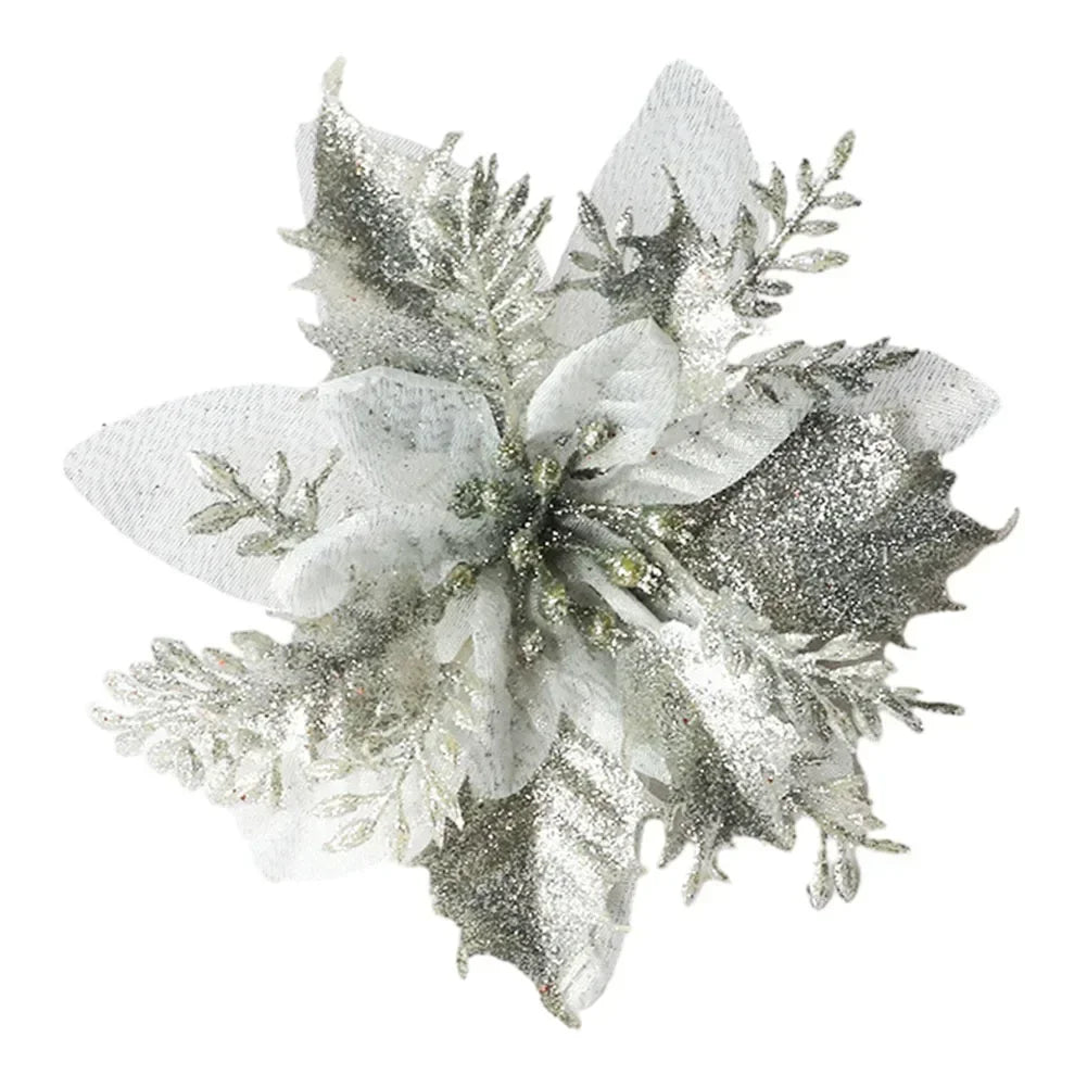 Christmas Glitter Poinsettia Flower Ornament | Xmas Tree Decor