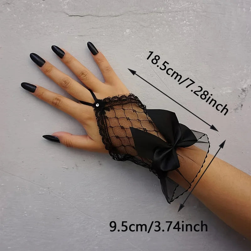 A pair of blackY2KPunk style fingerless gloves，With bowknot and lace details - Non-elastic Texture Design，Suitable for women's d Peaceful Pleasures Health and Wellness