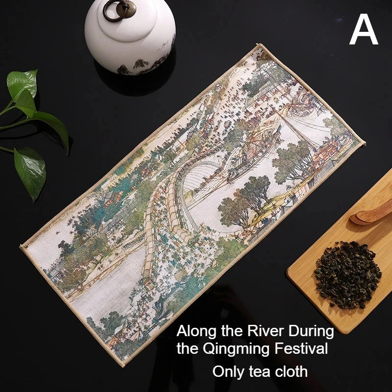 1pc Kung Fu Tea Towel with Ancient Style Thick and Absorbent Multifunctional High-end Painted Tea Cloth Peaceful Pleasures Health and Wellness A 30x16cm