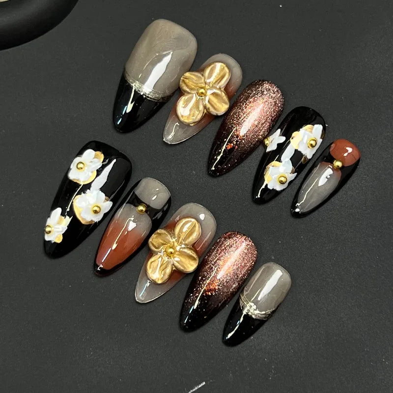Handmade Press on Nails 3D Hand-carved Petals Decor False Nail Tips Reusable Wearable Retro European French Almond Fake Nails Peaceful Pleasures Health and Wellness